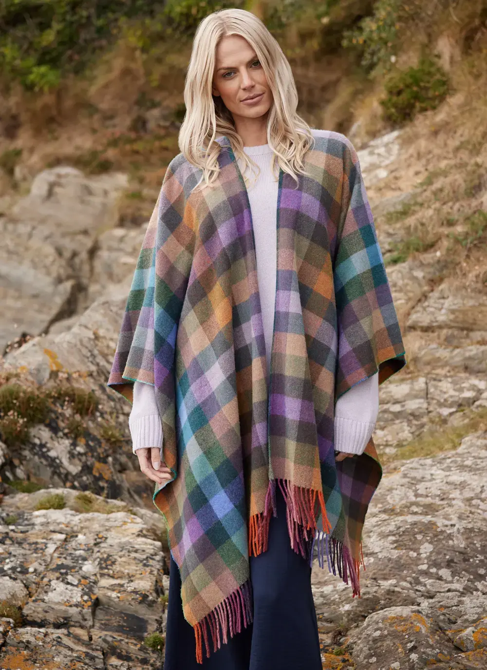 Liz Lambswool Plaid Tartan Shawl in Purple Orange Check